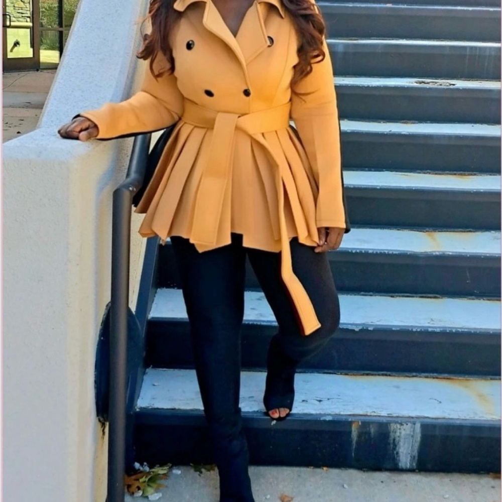 Women's Tan Double-Breasted Peplum Jacket - Picture 2 of 3